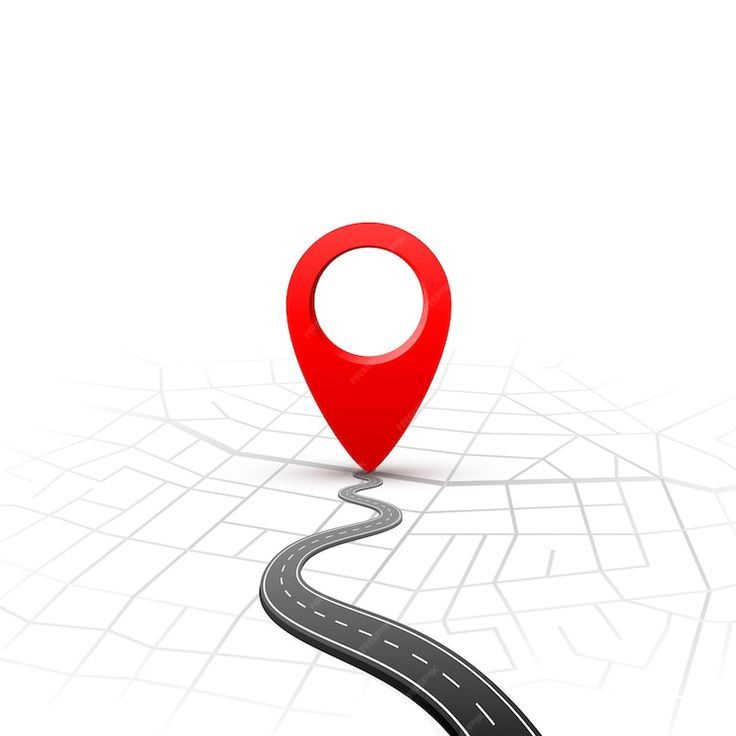 a red map marker with a curved road going through the center on a white background