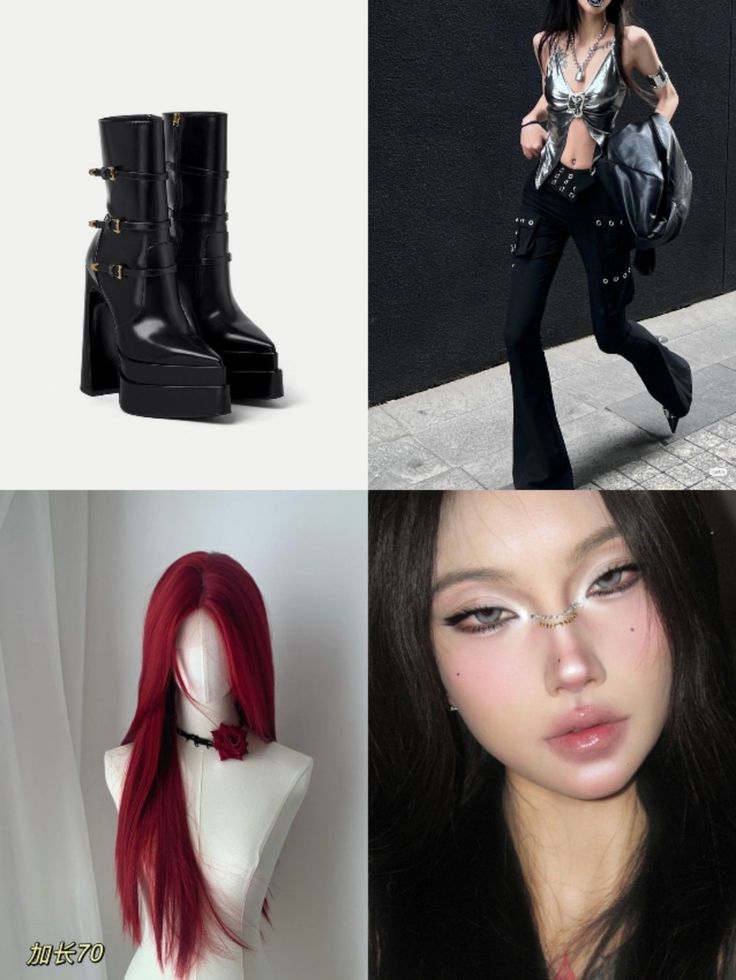 four different pictures with one woman wearing black boots and the other showing red hair, in front of a mannequin's head