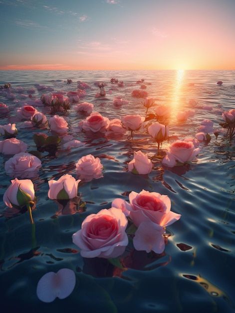 pink roses floating in water at sunset with the sun rising over the ocean behind them