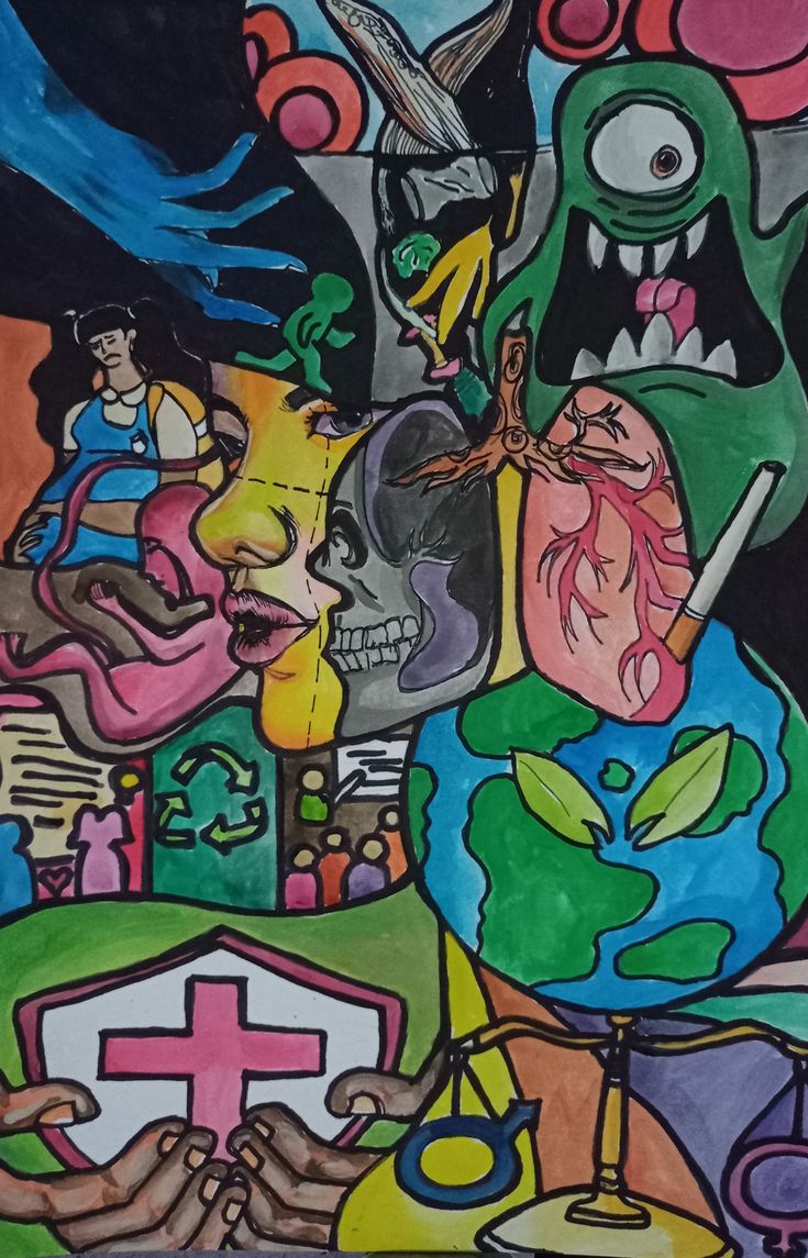 a painting with many different things on it