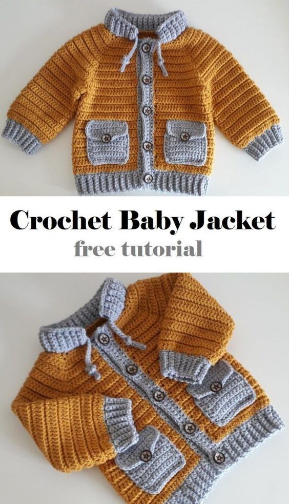 two pictures of a baby jacket with the text crochet baby jacket free pattern