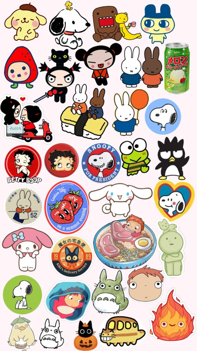 many different stickers that are on the back of a cell phone, and one has an image of cartoon characters