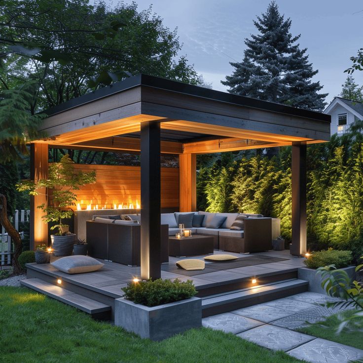 an outdoor living area lit up at night