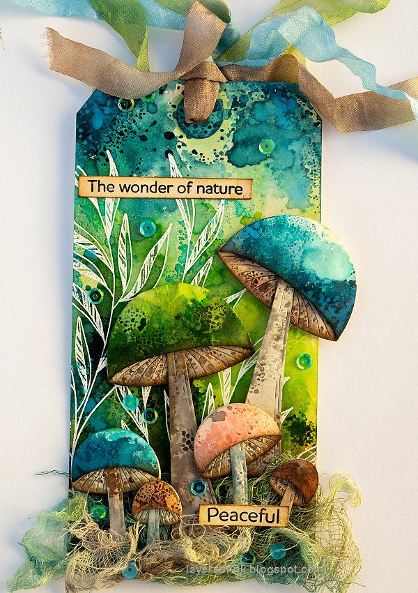 an altered tag with mushrooms on it and words written in the bottom right corner that read, the wonder of nature