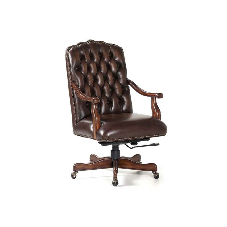 an office chair with leather upholstered back and arm rests on casteor wheels