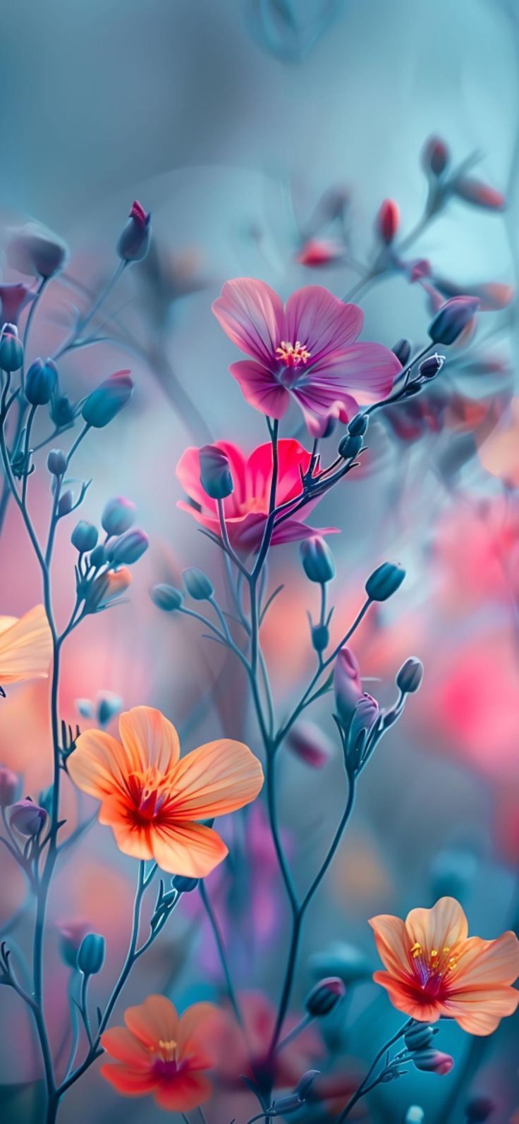 some pink and orange flowers on a blue background