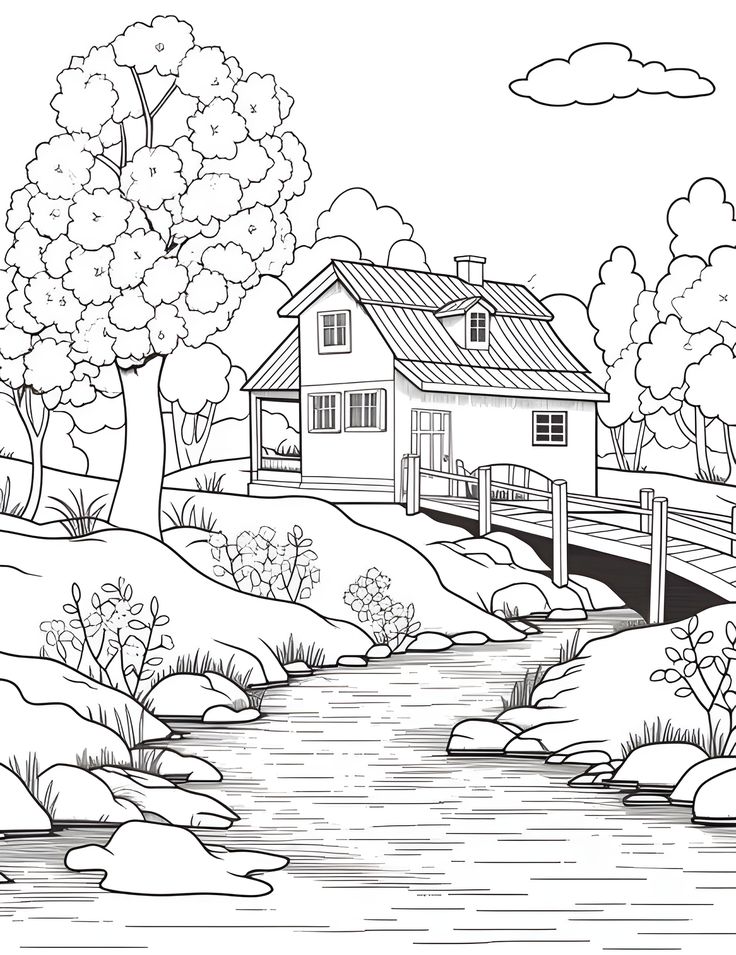 a house in the woods near a river with a bridge and trees on either side