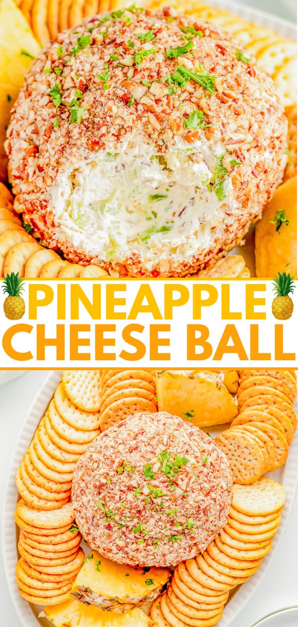 pineapple cheese ball on a plate with crackers