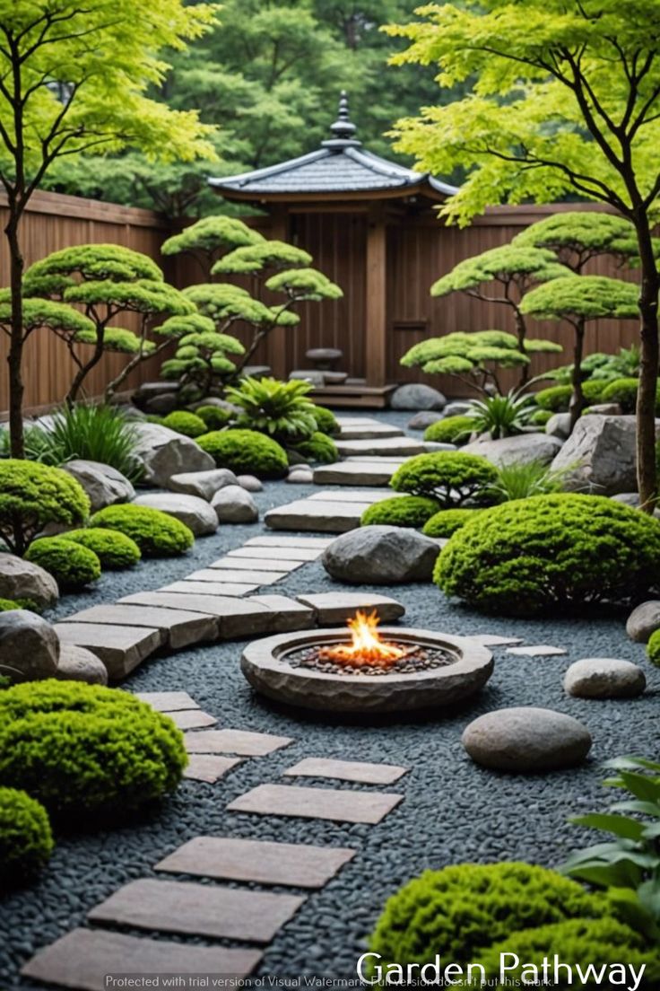 a small garden with rocks and trees in the background, including a fire pit surrounded by stones