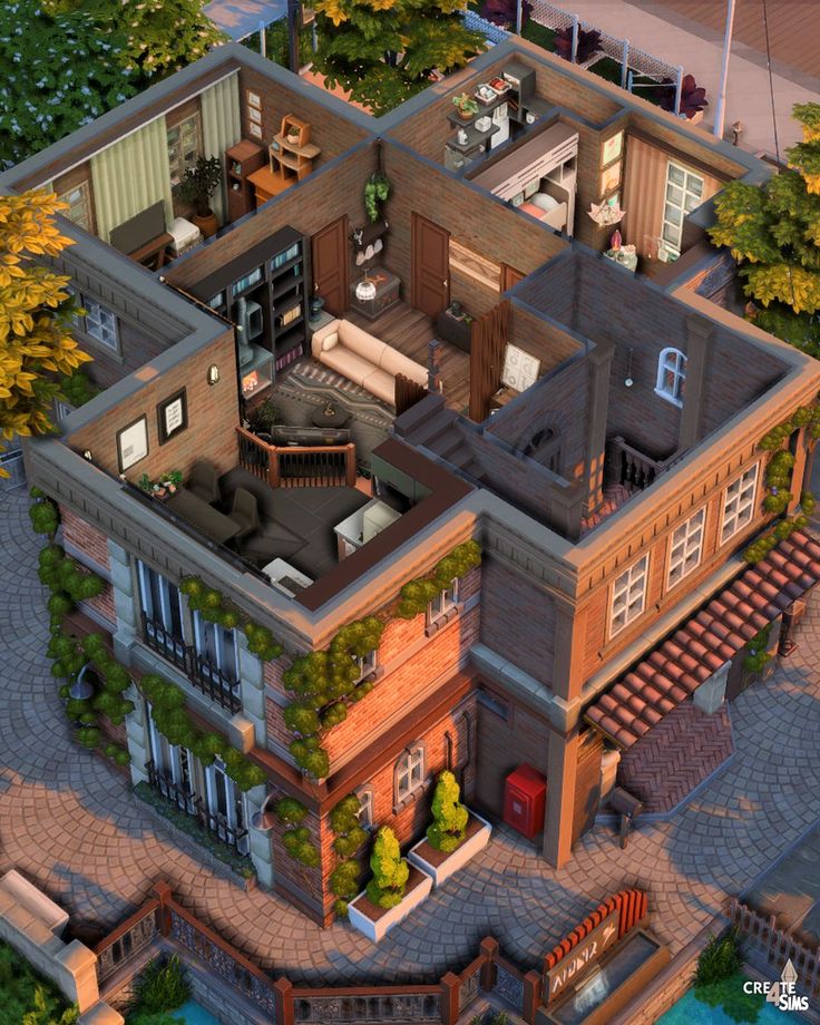 an aerial view of a two story house with lots of windows and balconies