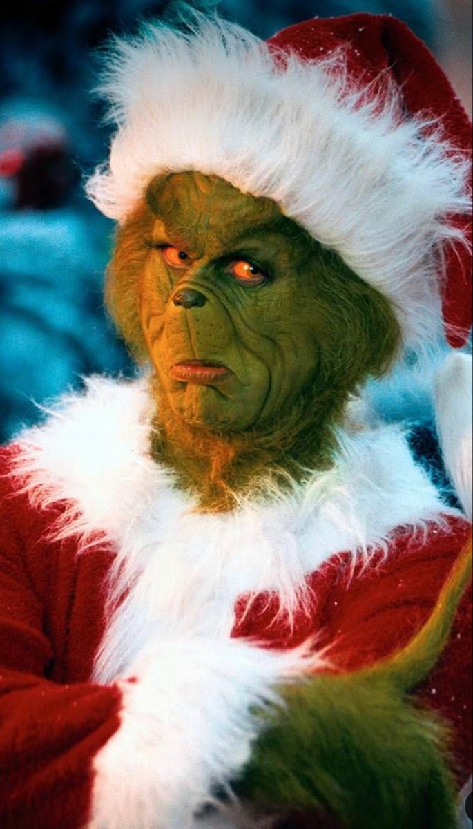 a man dressed as the grinch in a santa suit with his arms folded out