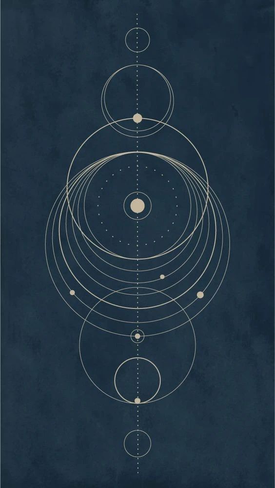 an art print with circles and lines in the shape of planets on a dark blue background