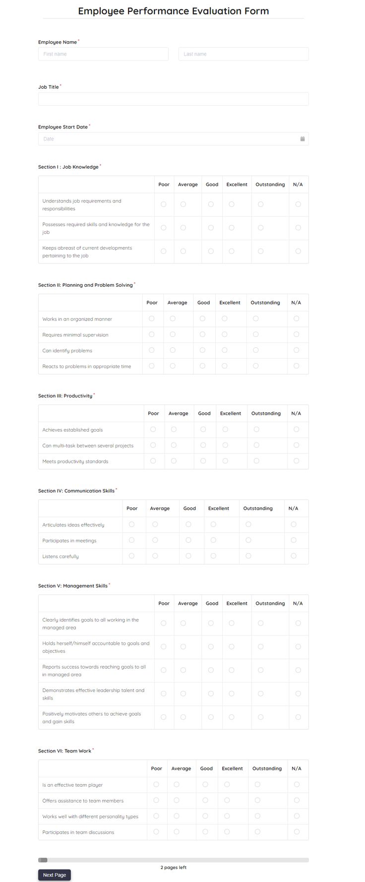 an employee performance statement form is shown in this image, it shows the number and type of employees