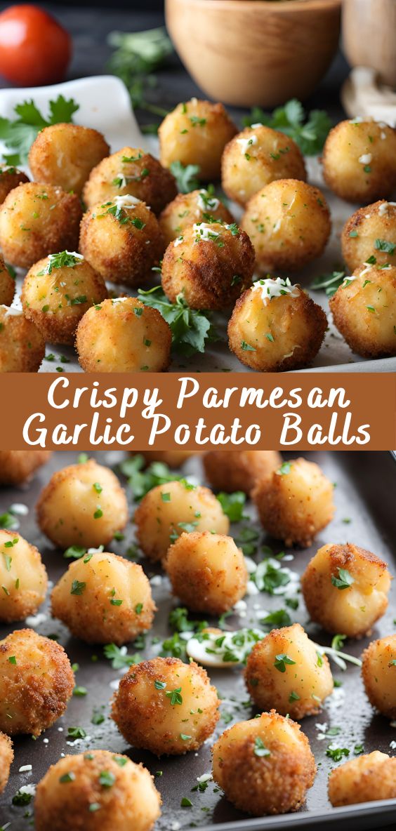 crispy parmesan garlic potato balls on a baking sheet