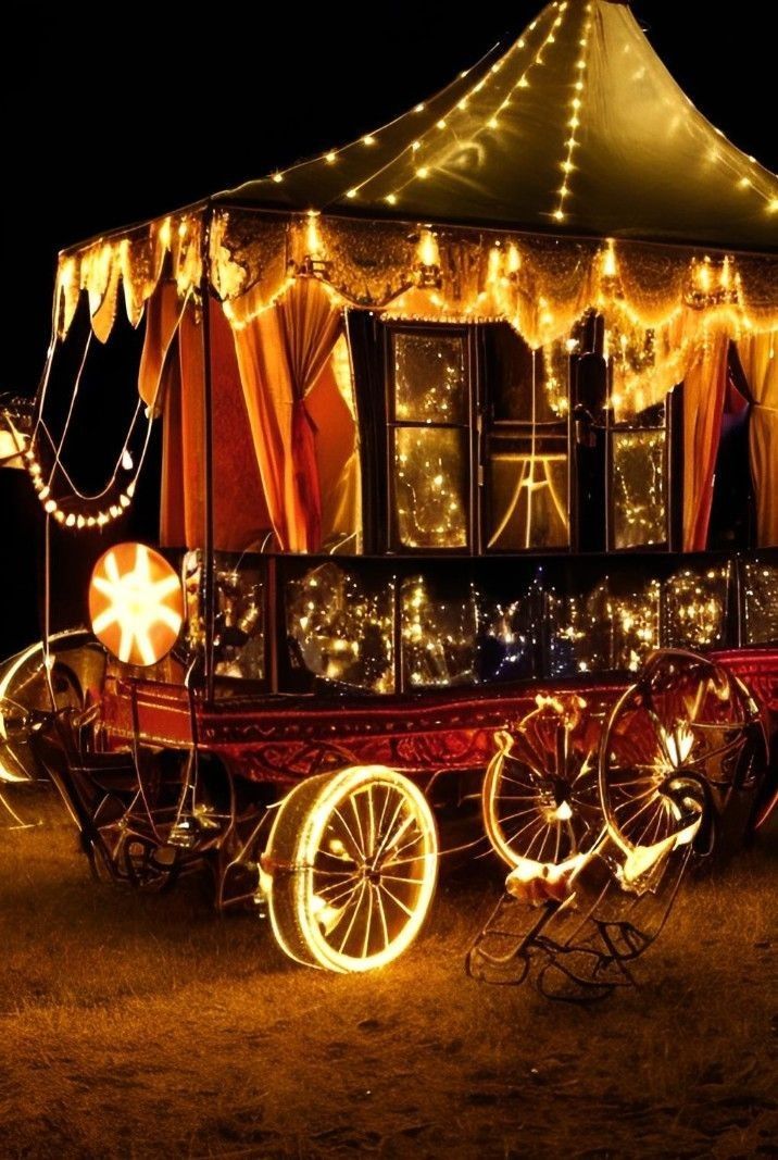 a horse drawn carriage with lights on it's sides and canopy over the top