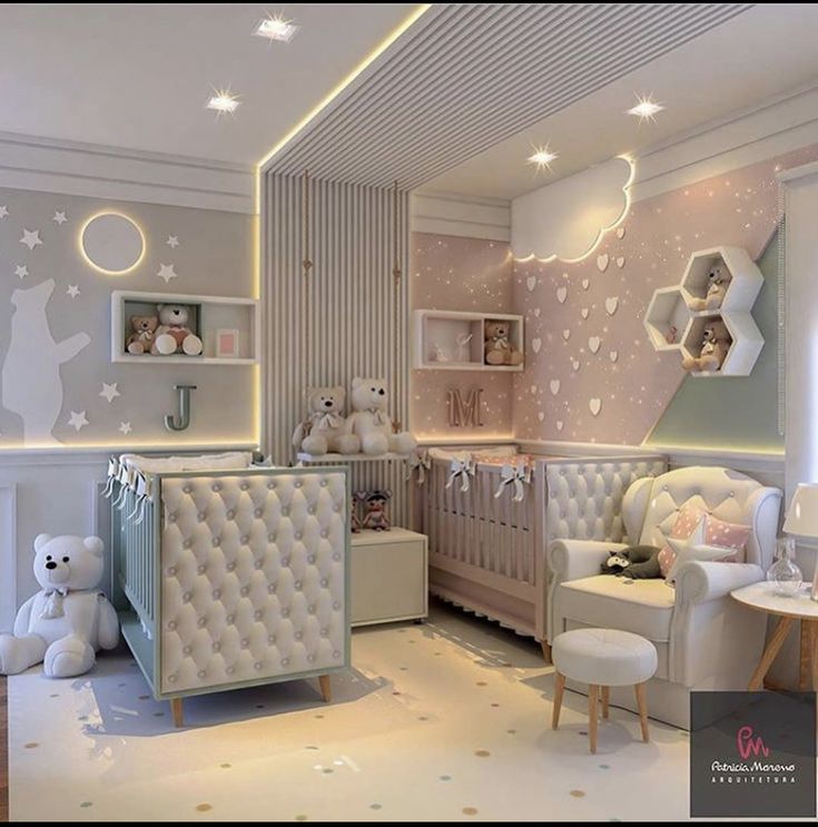 a baby's room with white furniture and stars on the ceiling, along with teddy bears