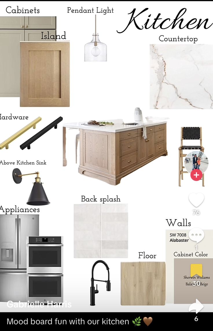 kitchen mood board with white and wood accents