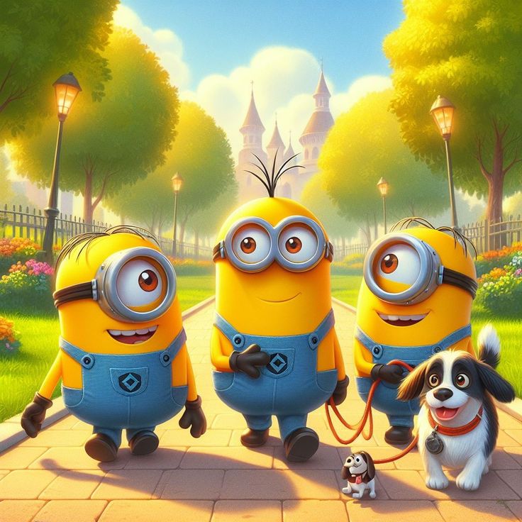 two dogs and three minion characters are walking in the park