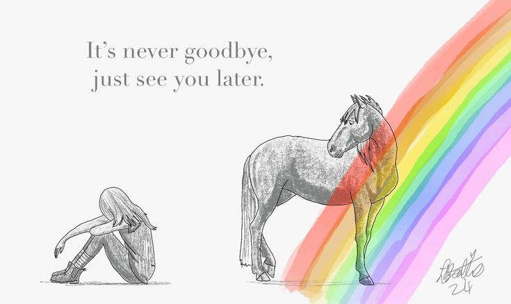 a drawing of a woman kneeling down next to a horse with a rainbow in the background