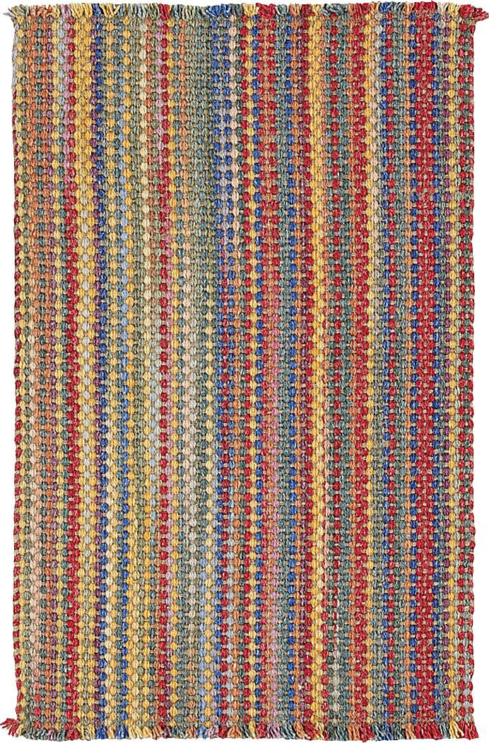 a multicolored rug with fringes on the bottom and one stripe at the top