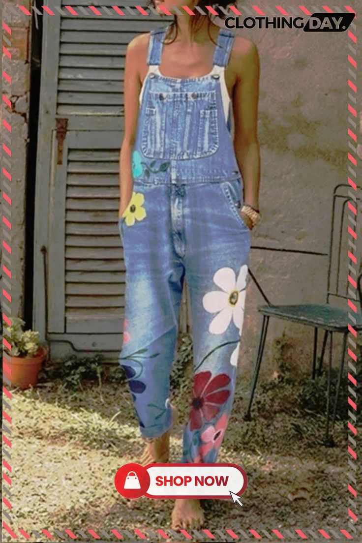 Fashion Flower Printed Denim Jumpsuits Boho Sunflower, Denim Jumpsuits, Print Denim, Jumpsuits And Romper, Sunflower Print, Printed Denim, Jumpsuit Fashion, Denim Jumpsuit, Flower Fashion