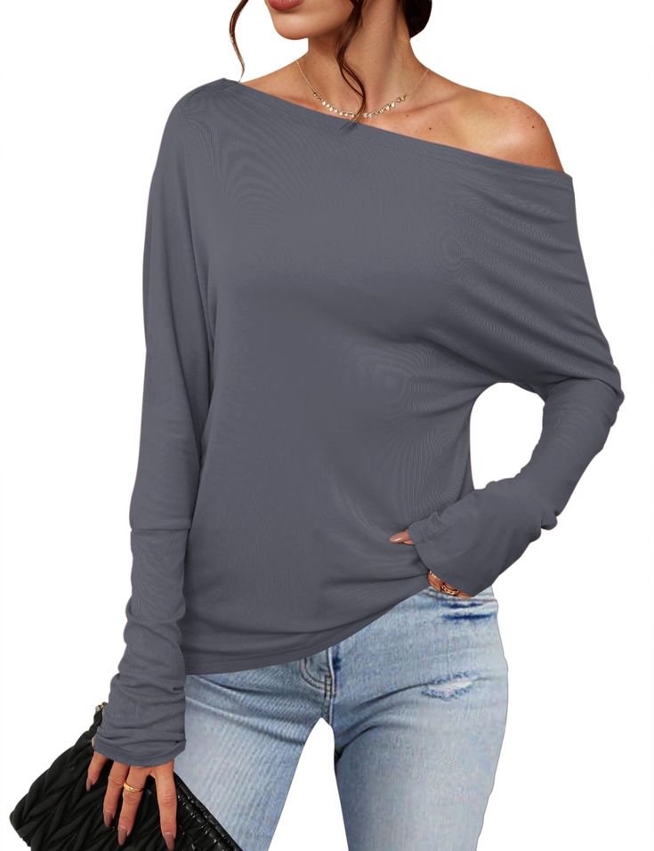 PRICES MAY VARY. 【 Asymmetrical Top】: Sexy Off Shoulder Tops Women. Shirt falls off the shoulder giving a sexy look, while with extra long sleeves gather at the wrists for added edge. Trendy, lightweight top featuring an asymmetrical off-shoulder design Add a touch of elegance to your wardrobe with this effortless piece 【Lightweight, Soft & Stretchy Fabric】 ：Show off some skin and keep things cozy in this comfy off shoulder top. The material is soft ,drapes well and high-stretches. Lightweight , Casual Solid Color Off-shoulder Top, Asymmetrical Tops For Night Out In Fall, Asymmetrical Tops For Fall Night Out, Asymmetrical Gray Top For Fall, Fitted One Shoulder Solid Color Top, Fitted Solid Color One-shoulder Top, Fitted One-shoulder Solid Color Top, Non-stretch Solid Color Top For Night Out, Asymmetrical Solid Stretch Top