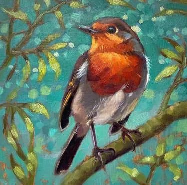 a painting of a bird perched on a branch