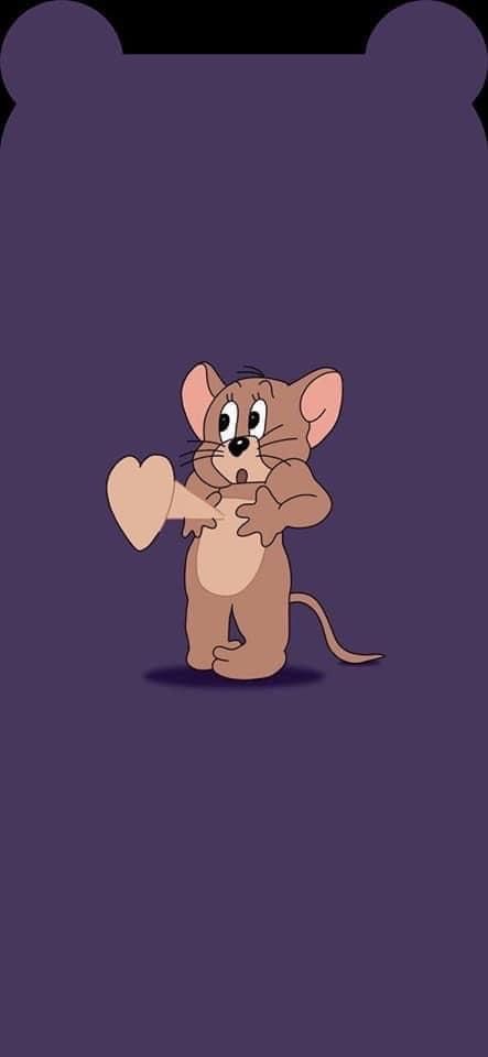 a cartoon mouse holding a heart on a purple background