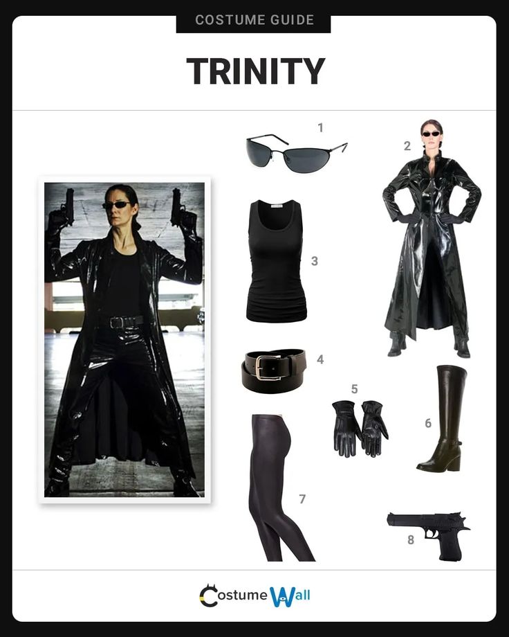 a costume guide for a woman with black clothes and accessories, including boots, gloves, sunglasses