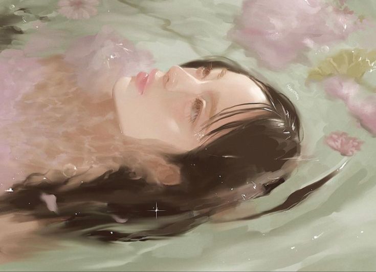 a painting of a woman floating in water with pink flowers around her neck and head