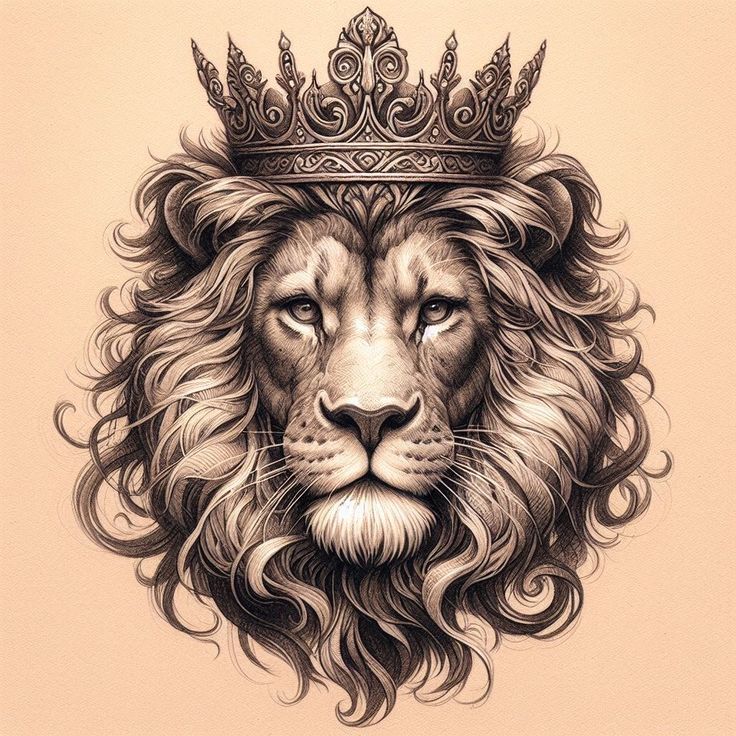 a drawing of a lion with a crown on it's head and long mane