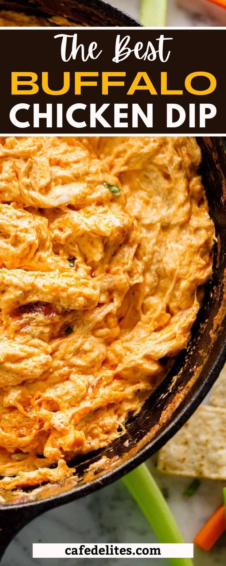 the best buffalo chicken dip in a cast iron skillet