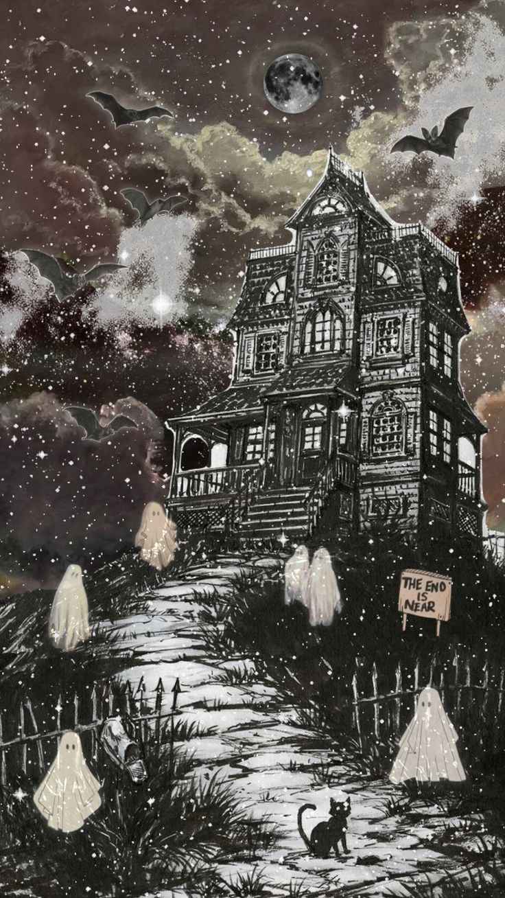 an image of a house with ghost figures in front of it