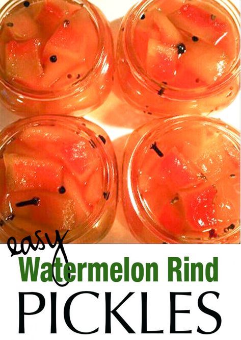 four pickles with watermelon rind in them on a white background text reads easy watermelon rind pickles