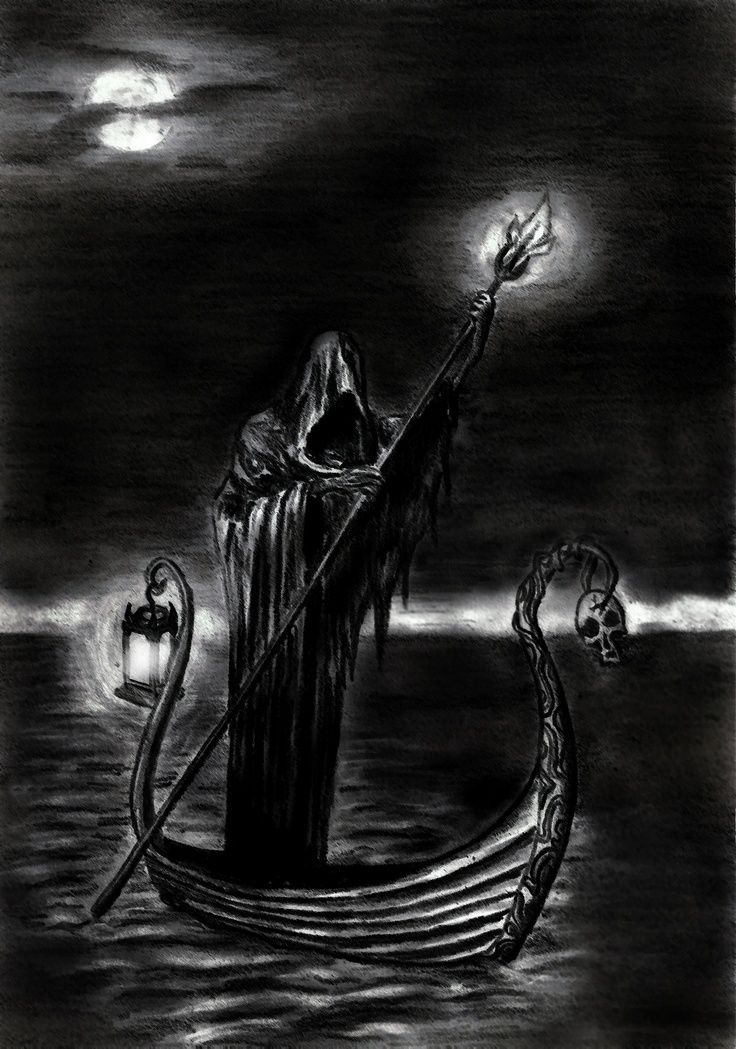 a black and white drawing of a person in a boat with a light on it