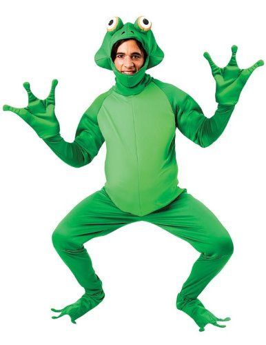 a man in a frog costume standing on one leg and holding his hands out to the side