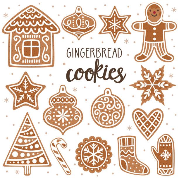 gingerbread cookies and christmas decorations on a white background with handwritten text stock photo