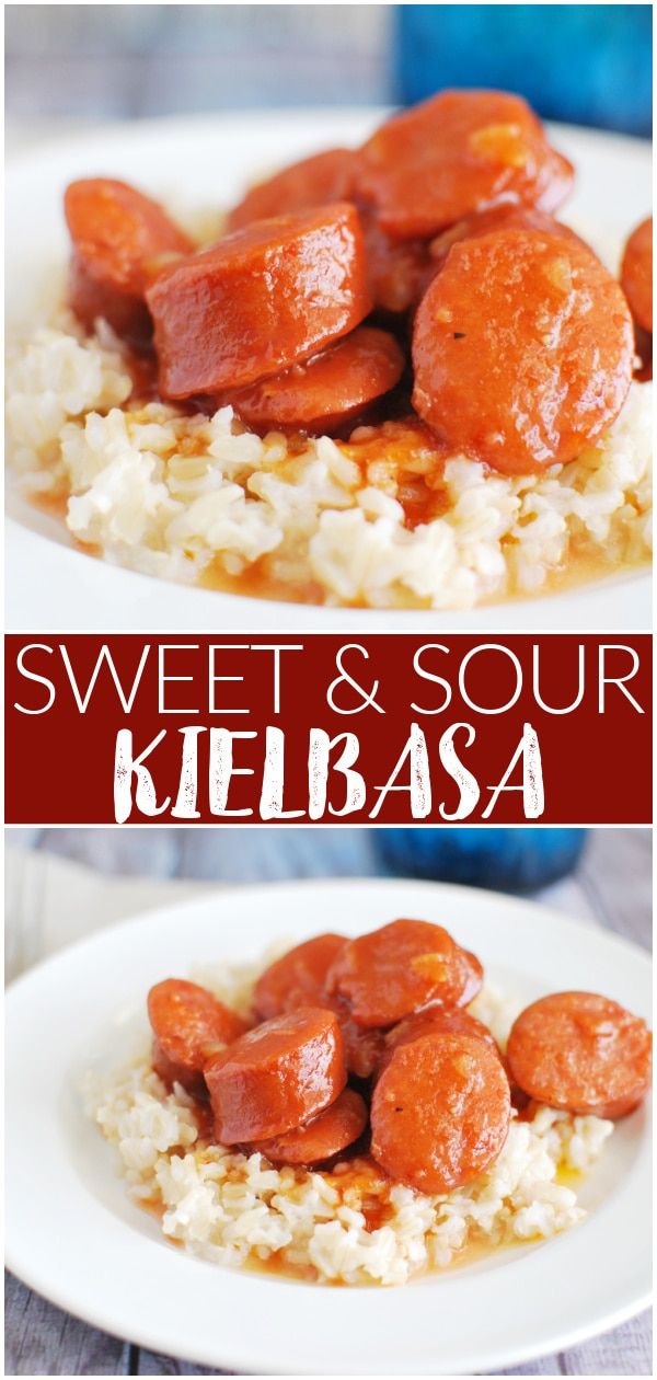 sweet and sour kielbasa is served over rice on a white plate with red lettering