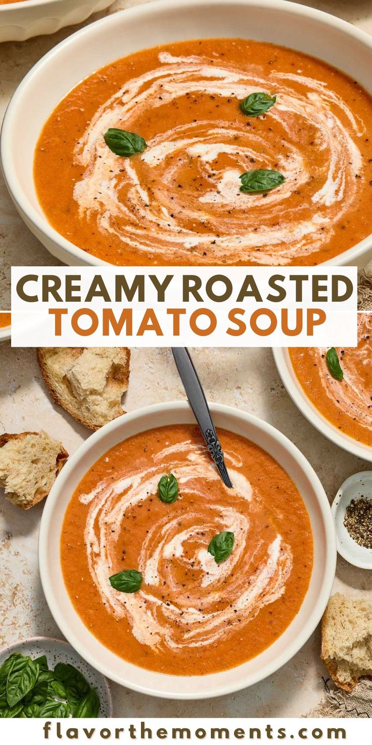 creamy roasted tomato soup in a white bowl with basil leaves and bread on the side