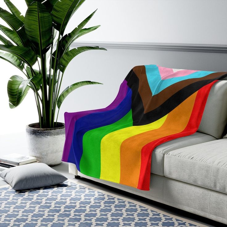 a couch with a rainbow blanket on it next to a potted plant and rug