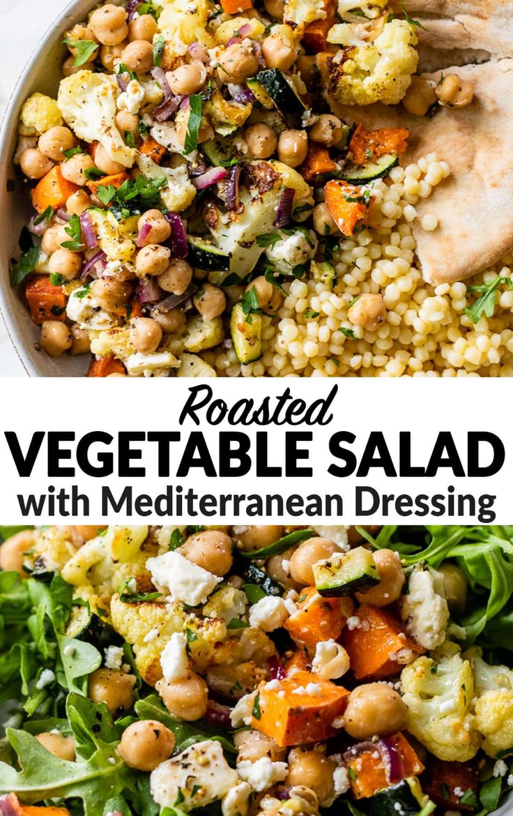 roasted vegetable salad with mediterranean dressing in a bowl