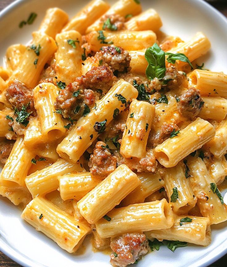 a white plate topped with pasta covered in meat and parsley on top of a wooden table