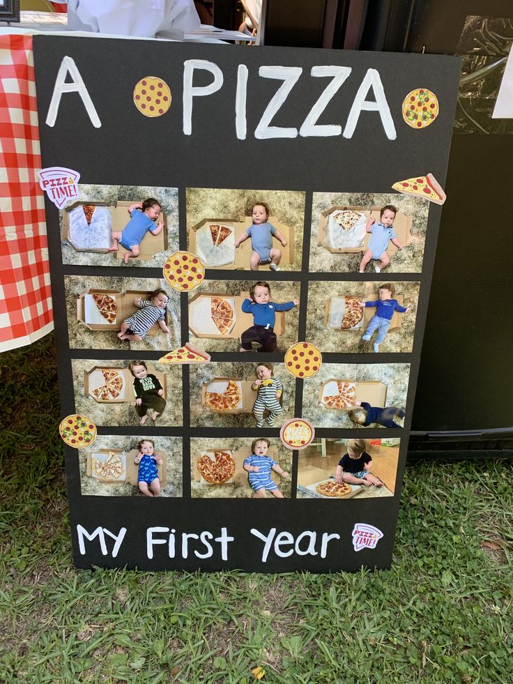 a sign that has pictures of kids and pizzas on it with the words, my first year