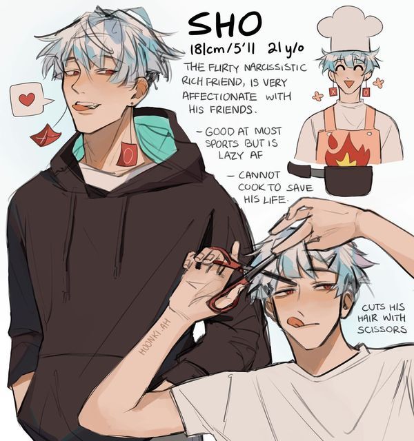 two anime characters are cutting their hair and one is wearing a hoodie with the word sho written on it