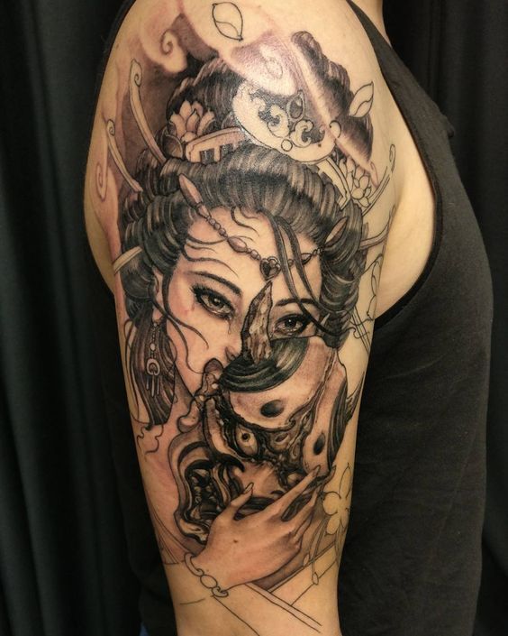 a woman's arm with tattoos on it, and an image of a face