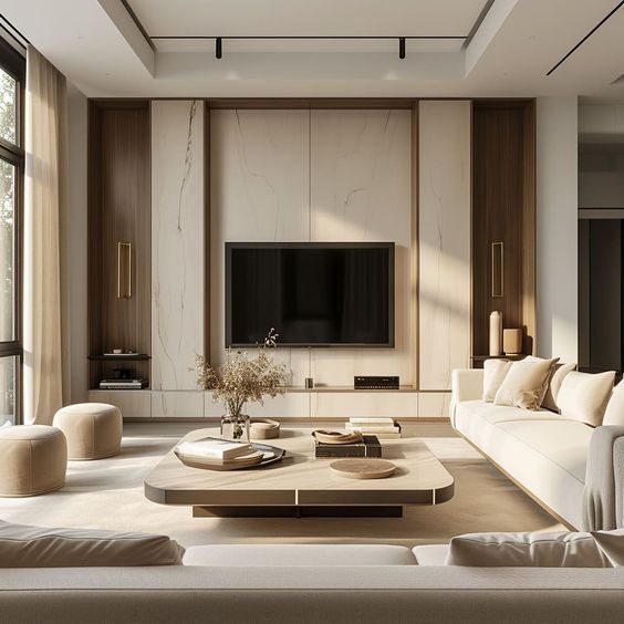 a modern living room with white couches and large windows