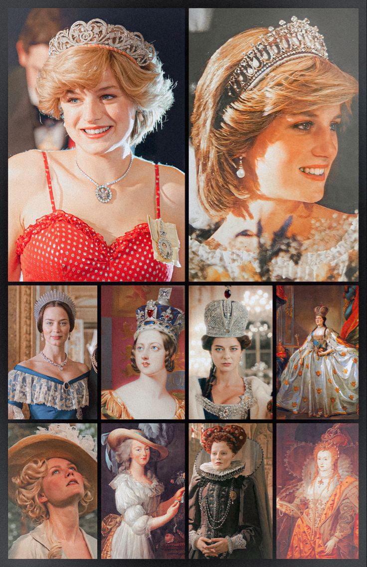 many pictures of women wearing tiaras and dresses