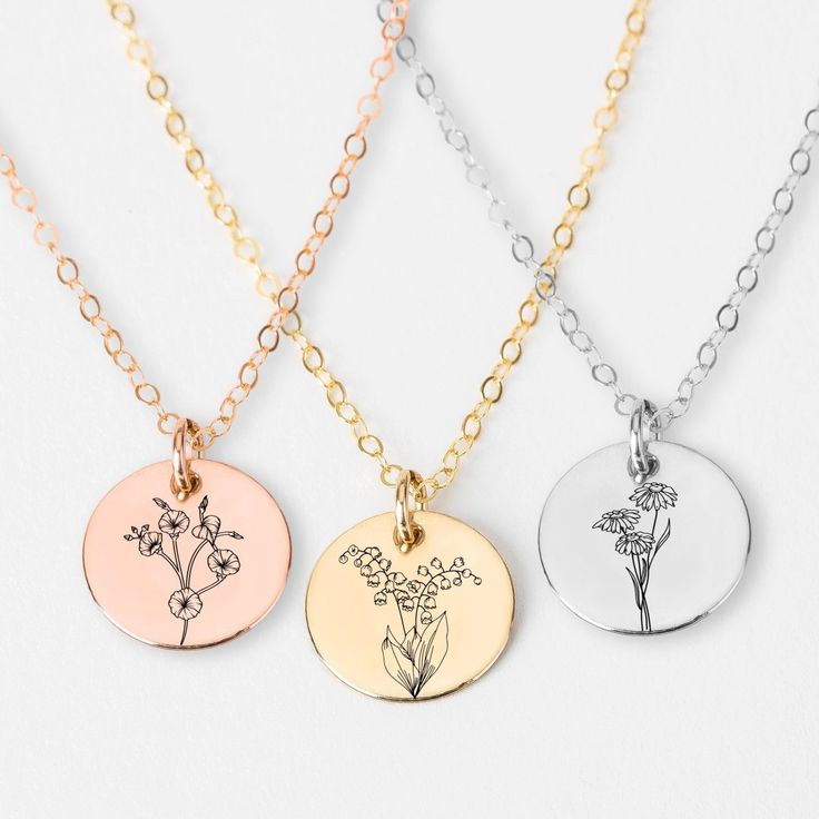 Birth Flower Disc Necklace - Melanie Golden Jewelry - _badge_new, birth month, bridal party, disc necklaces, engraved, flora, love, motherhood, necklace, new, pendant necklace, personalized, wedding Flower Shaped Necklace With Flower Decoration For Wedding, Flower-shaped Necklace With Flower Decoration For Wedding, Flower Shaped Wedding Necklace For Valentine's Day, Rose Gold Birth Flower Necklace, Flower Shaped Necklace For Valentine's Day Wedding, Valentine's Day Flower Necklace For Wedding, Floral Necklace For Wedding, Delicate Birth Flower Necklaces, Delicate Flower Shaped Birth Flower Necklaces