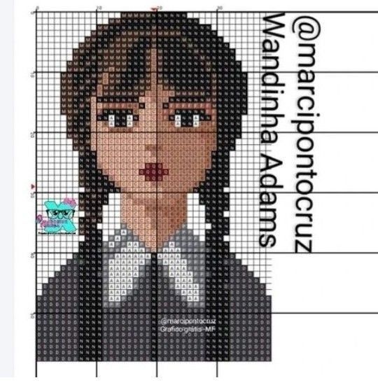 the cross stitch pattern for an anime character is shown in black and white, with text on