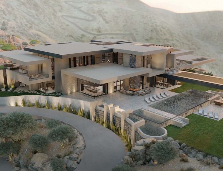 an artist's rendering of a modern house in the mountains with pool and hot tub